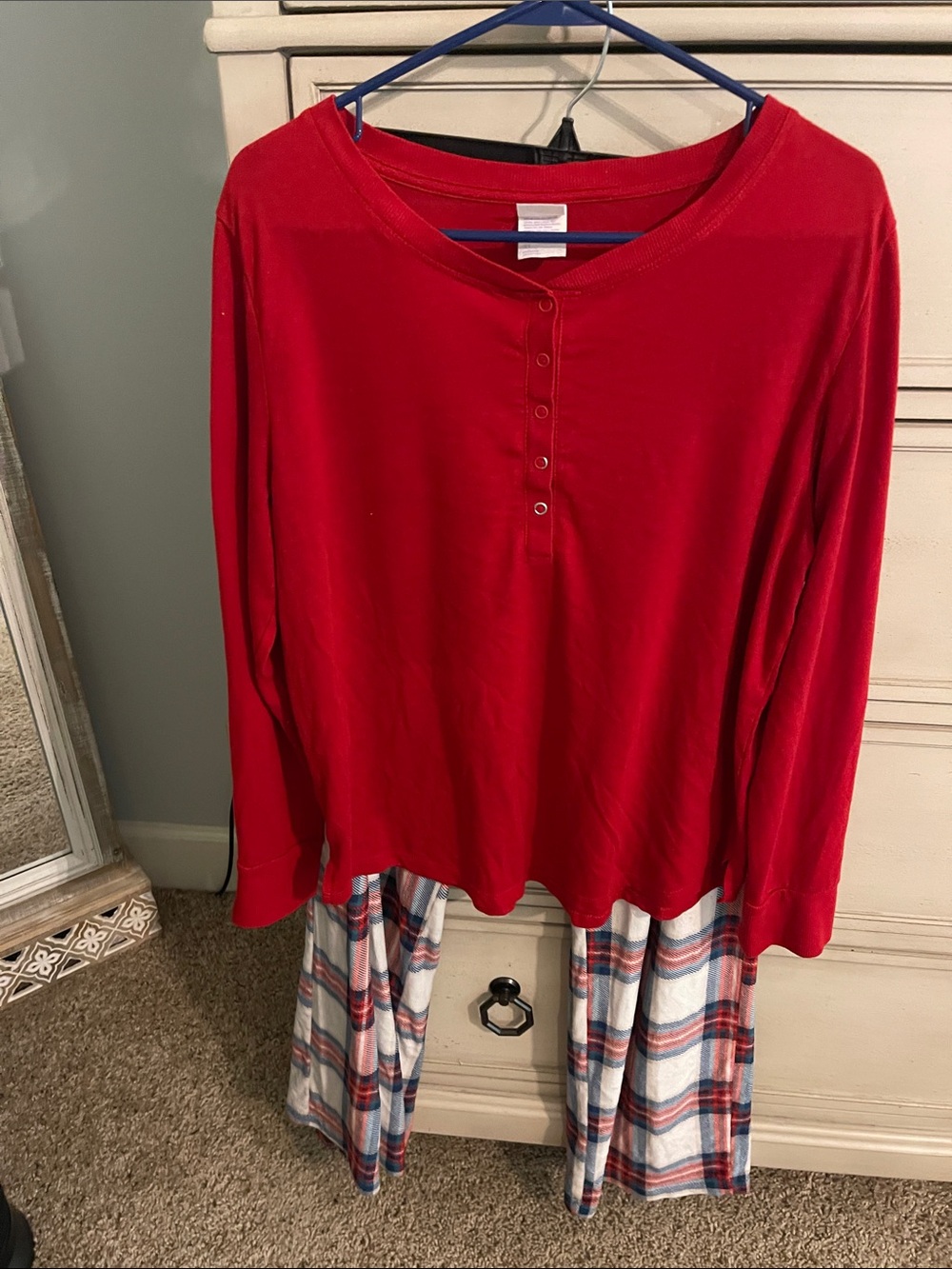 Women’s stars above Red Long-Sleeve Henley Pajama Top with Plaid Pants